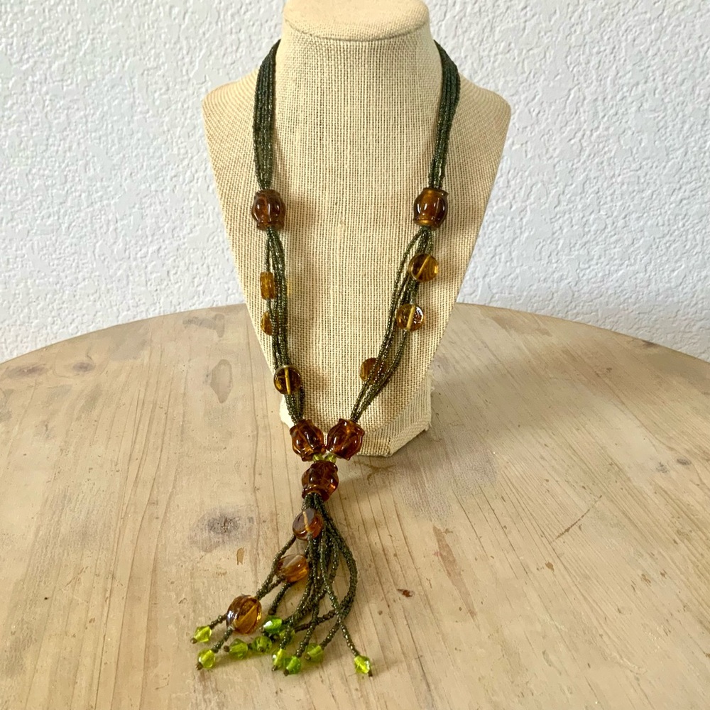 Elegant glass beaded multi-strand tassel necklace green and tawny art glass